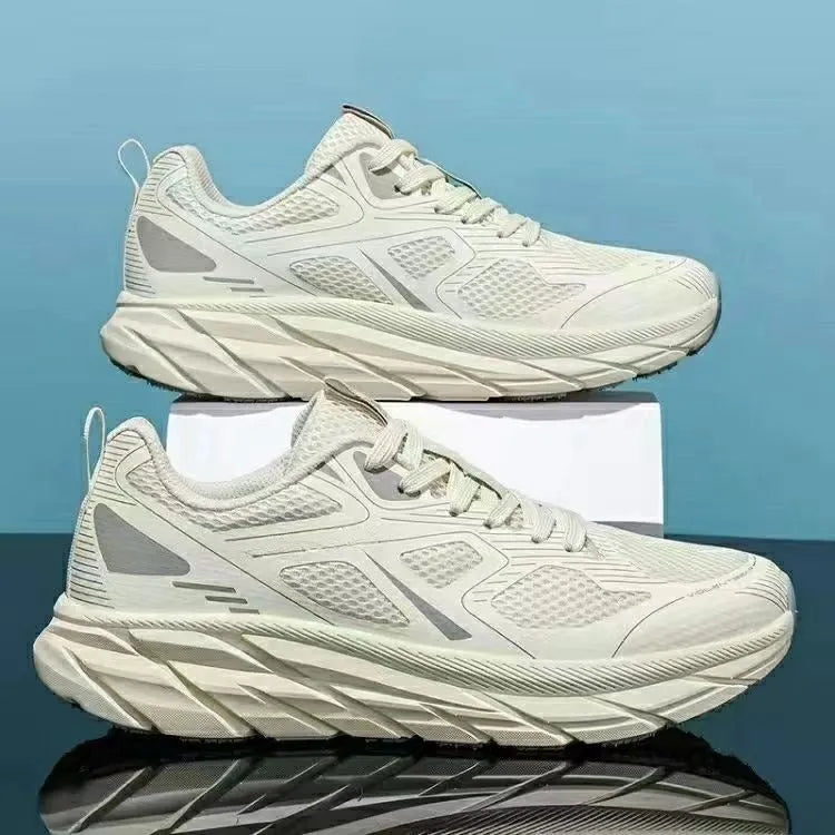 Unisex mesh casual running shoes in red, beige, green, grey, and black colours with round toe design.