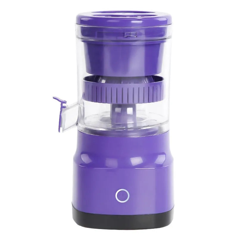 Purple USB rechargeable electric citrus juicer with detachable cone and pulp filter.