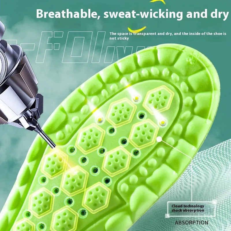 Green PU sports insoles with argy wormwood, shown with size guide for ranges 35-46.
