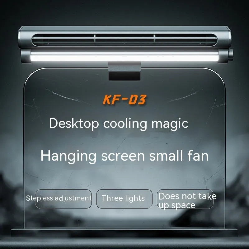 Black USB-powered bladeless fan with a clip, mounted on a laptop screen, showing its integrated light.
