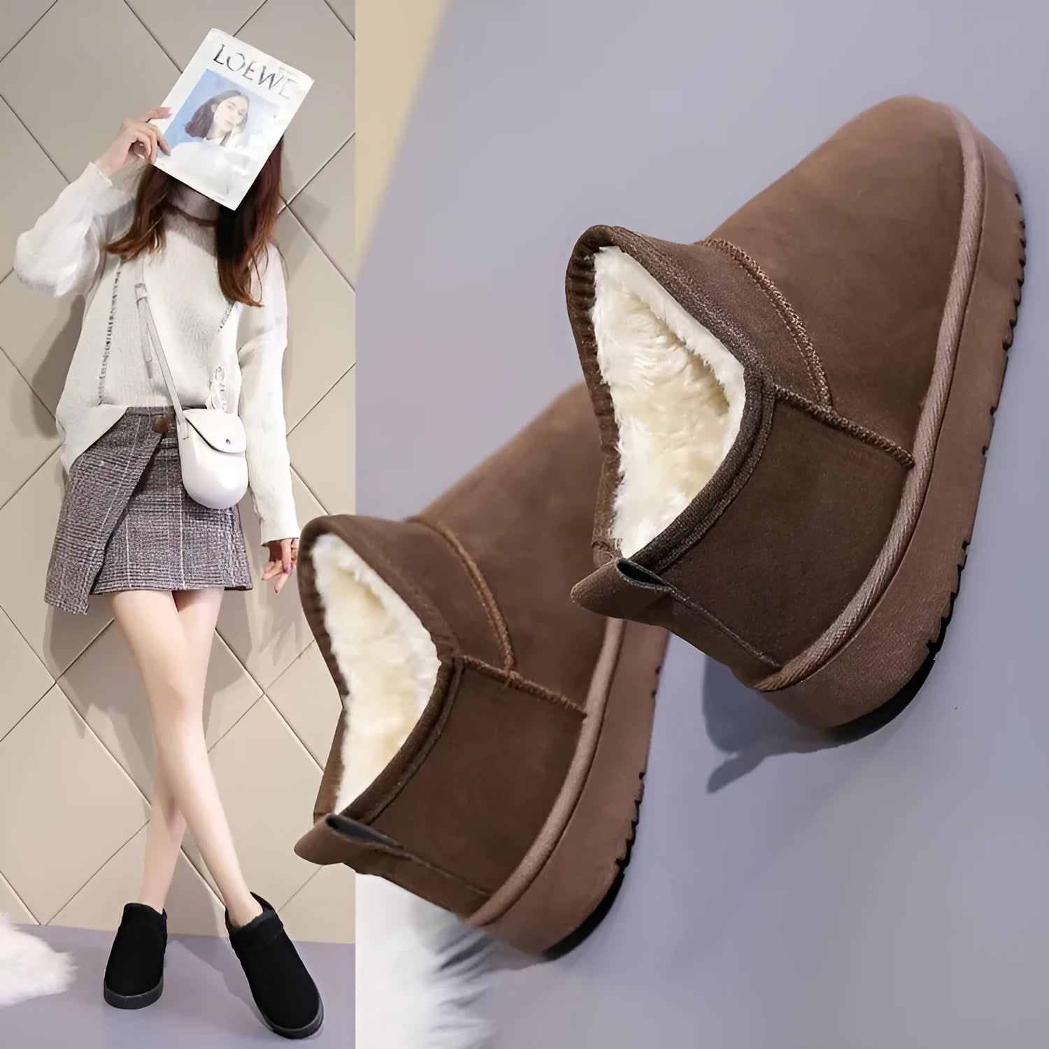 Thickened plush boots for women hollow out PU leather overshoes artificial hair insole black side view