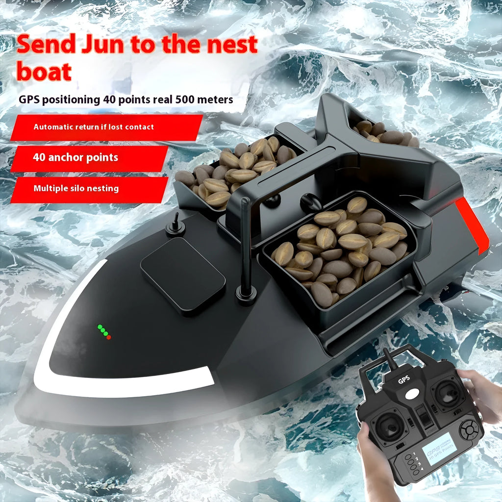 Black GPS remote control fishing boat with antenna and LED light on a calm lake.