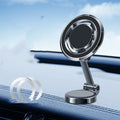 Obsidian black car phone holder with magnetic adhesive base mounted on a dashboard, showing 360-degree adjustable bracket.