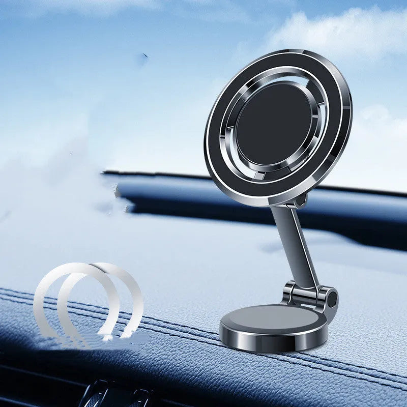 Obsidian black car phone holder with magnetic adhesive base mounted on a dashboard, showing 360-degree adjustable bracket.