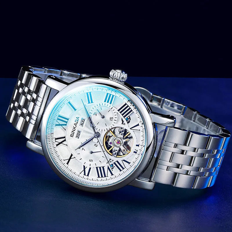 Men's automatic watch with steel bracelet showing 15mm thickness and business style dial