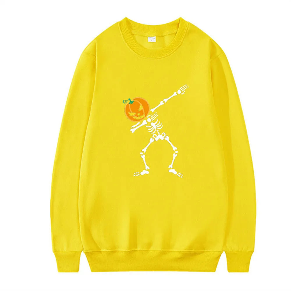 Women's printed long sleeve crew neck top in cotton blend fabric on a hanger.