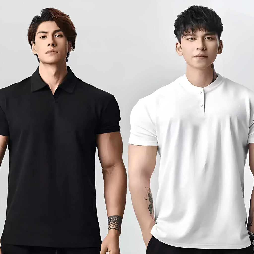 Retro men's loose fit t-shirt showing Henry collar and polo collar options in solid colours