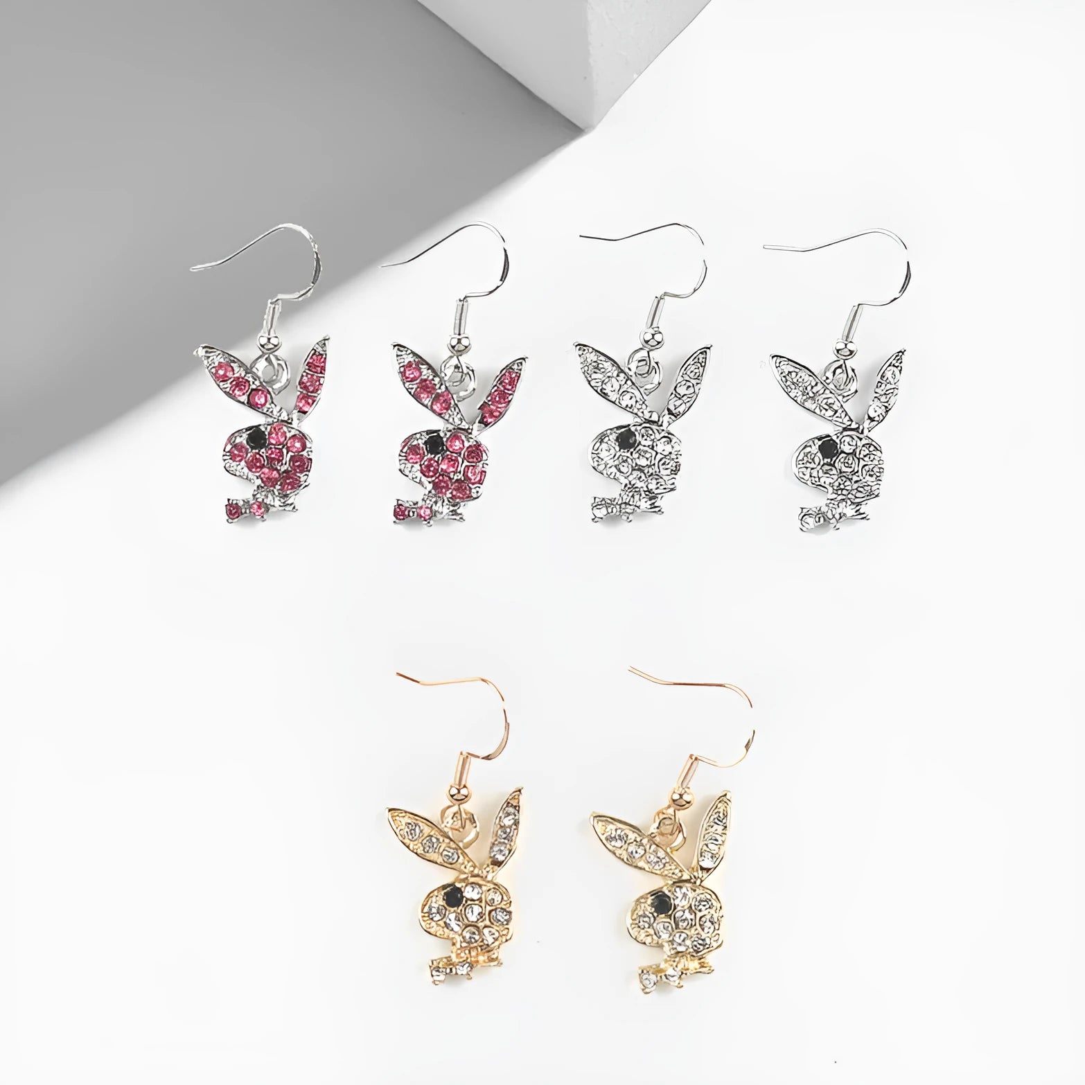 Rabbit stud earrings with full diamond design in silver, gold, or pink colour