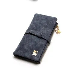 Long vertical matte PU leather wallet in army green with a zip, shown open to reveal card slots and internal pockets.