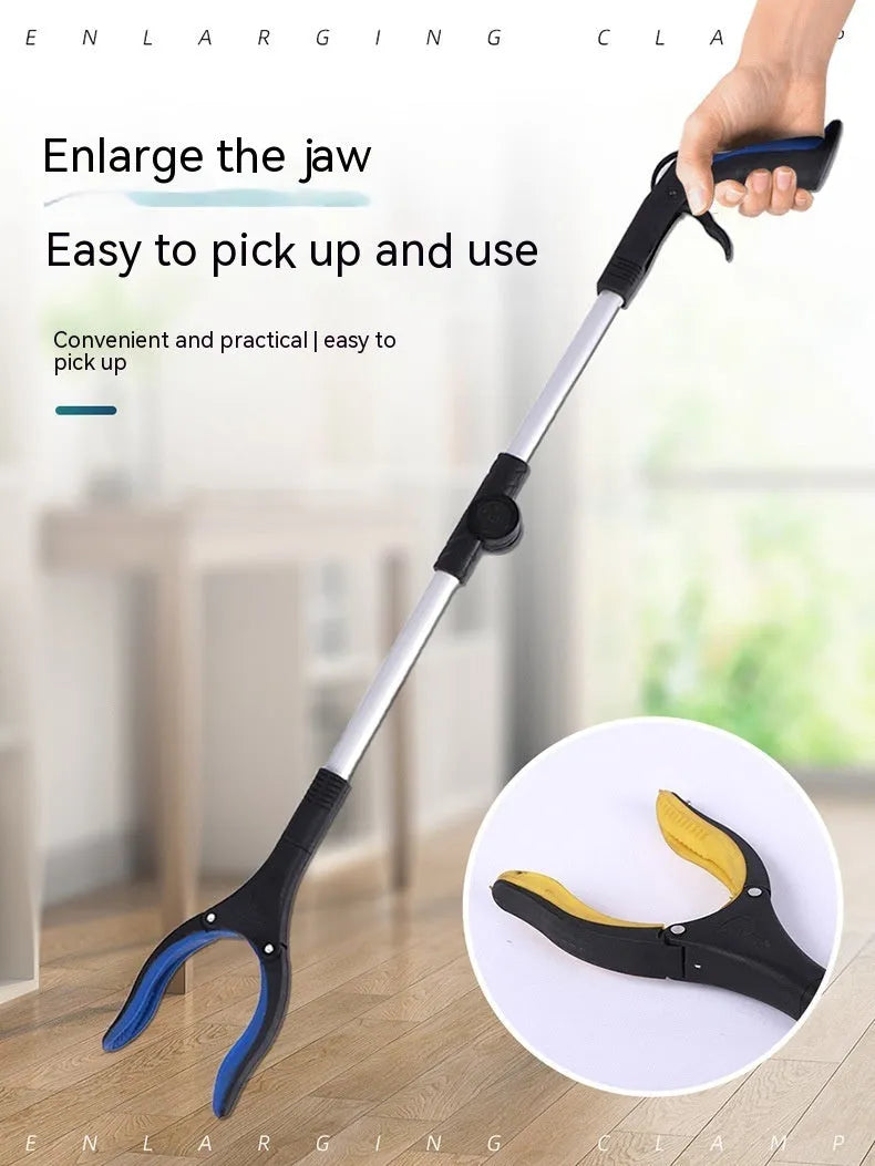 Foldable aluminium rubbish clamp with magnetic grabber head, shown extended and folded.
