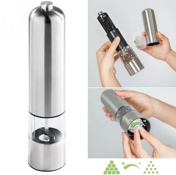 Stainless steel electric spice grinder with ceramic burrs on a kitchen counter.