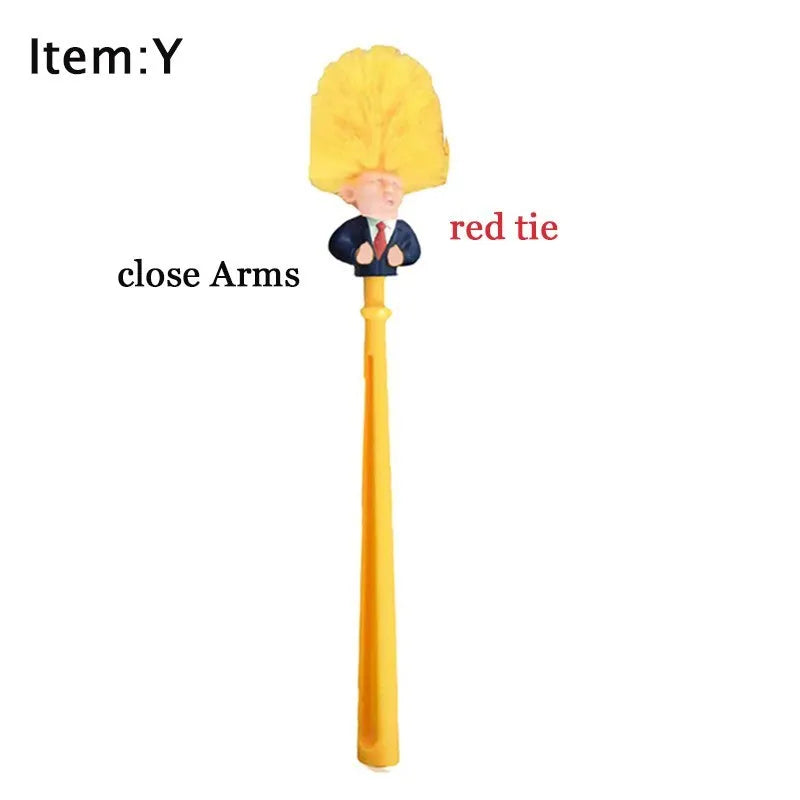 Yellow plastic Donald Trump novelty toilet brush with hanging slot.