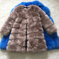 Women's long artificial fur coat in black, shown with regular sleeves and a length of 80cm.