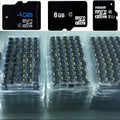 Black Class 10 high-speed memory card with capacities from 128MB to 8GB, 1.5cm by 1cm