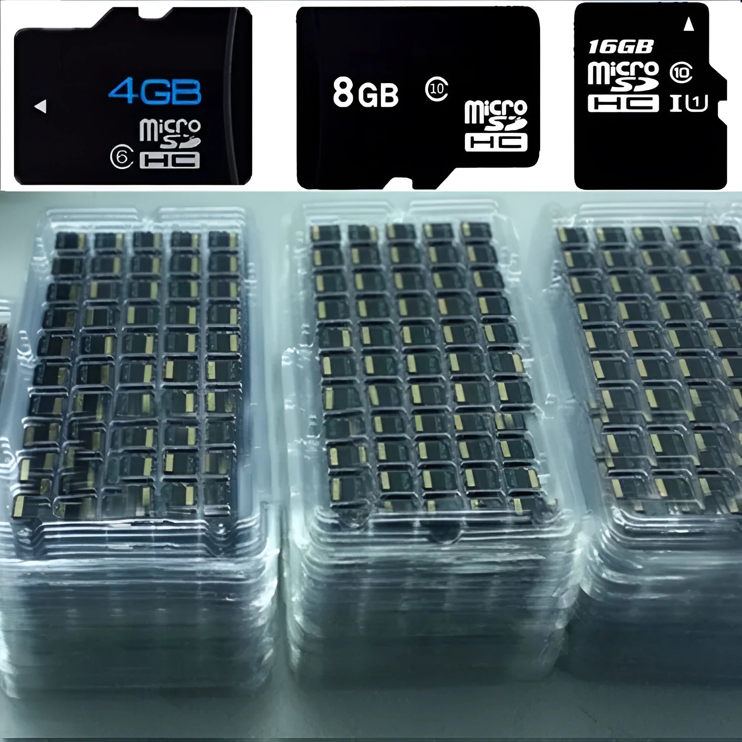 Black Class 10 high-speed memory card with capacities from 128MB to 8GB, 1.5cm by 1cm