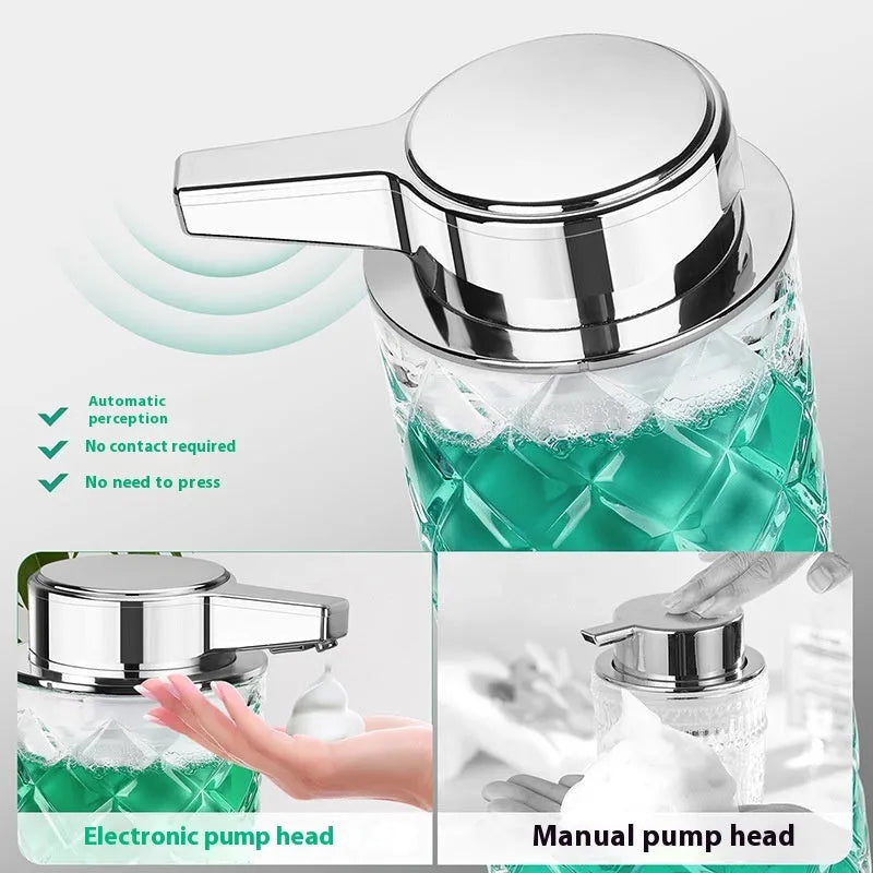White automatic sensor soap dispenser with silver finish and Type-C charging port on a bathroom countertop.