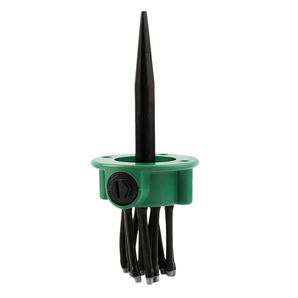 Green adjustable lawn sprinkler with flexible nozzles on a 9cm base