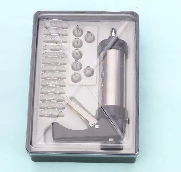 Stainless steel biscuit press machine with cookie moulds and pastry nozzles for baking