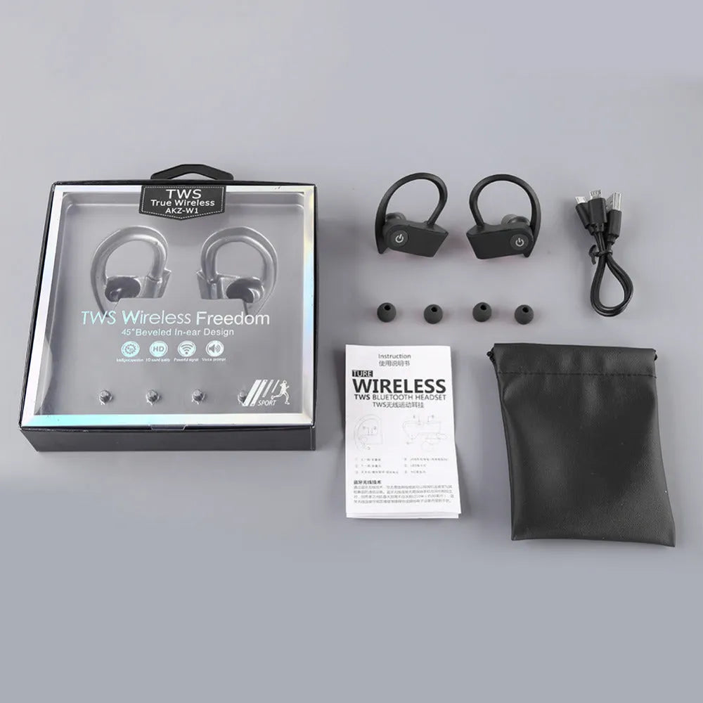 Wireless V5.0 Bluetooth in-ear headphones in black, grey, and red colours showing ergonomic design.