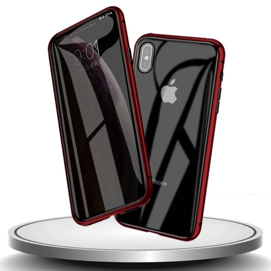 Tempered glass anti-spy phone case for iPhone with geometric pattern in black silver red gold green or blue
