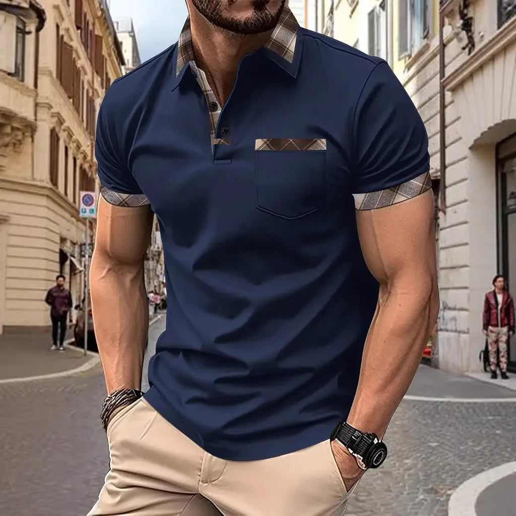 Man modelling a loose-fit plaid colourblock t-shirt with short sleeves and zipper details.