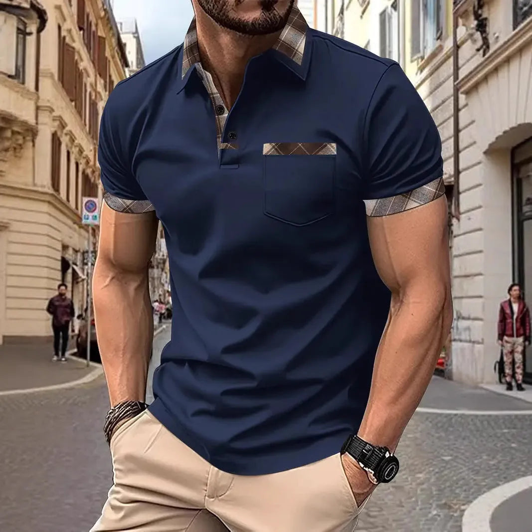 Man modelling a loose-fit plaid colourblock t-shirt with short sleeves and zipper details.