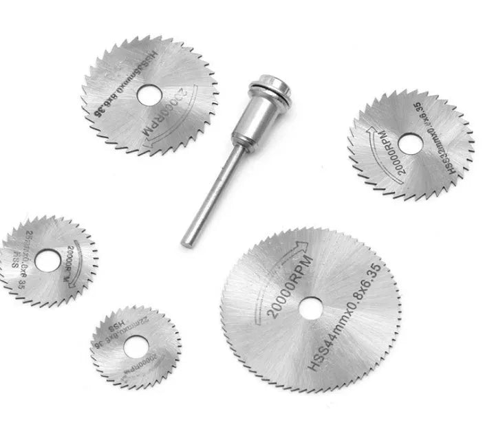 Six circular saw blades with mandrel, high-speed steel construction, 10-25mm diameter range