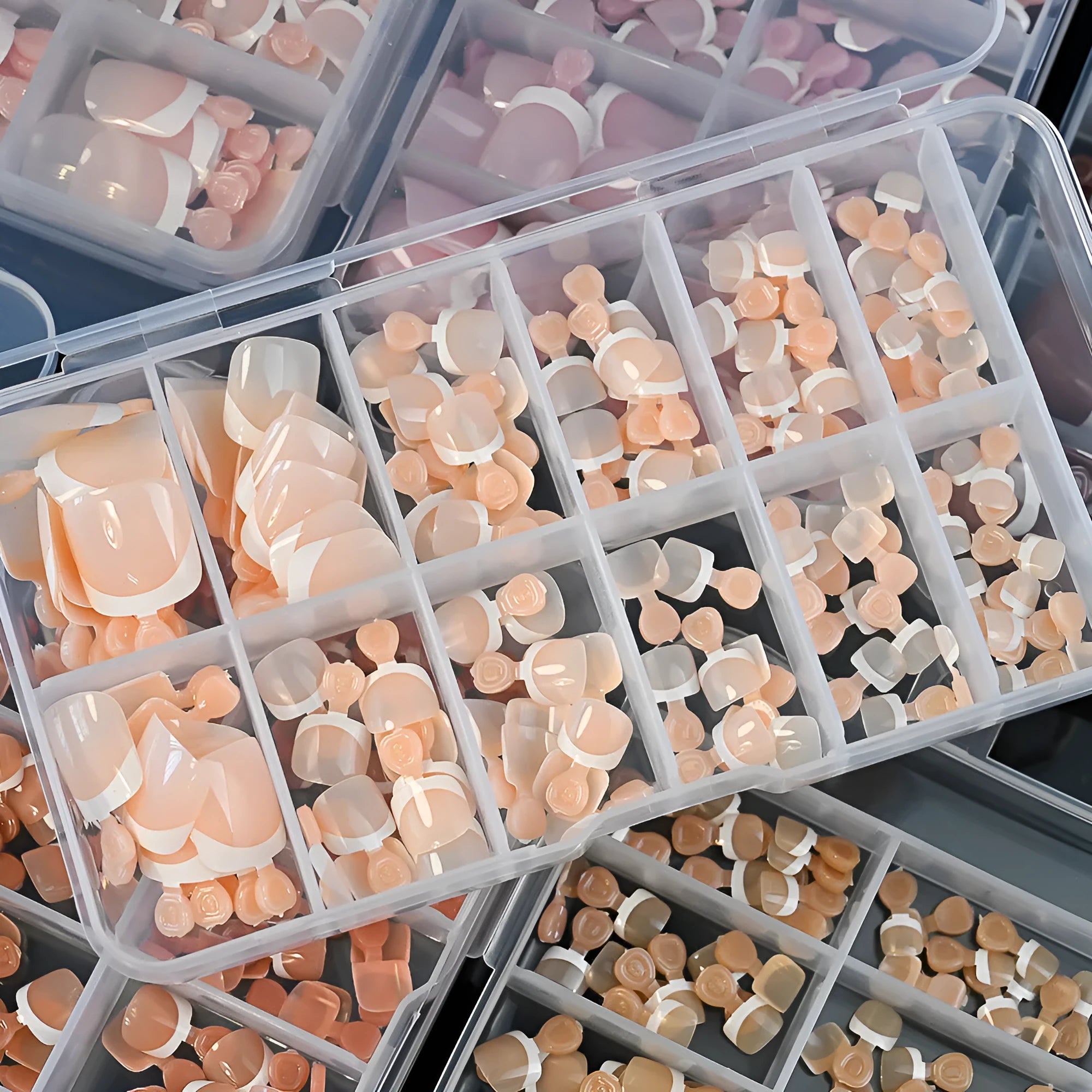 French white edge toe nail pieces in nude colours, 120 pieces in box with nine colour options