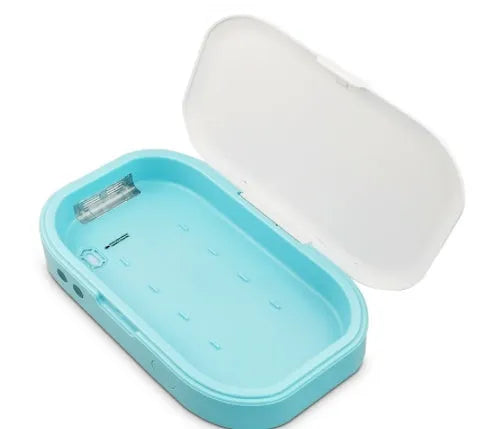 Blue UV steriliser box for mobile phones and small objects, with dual UV lamps and aromatherapy function