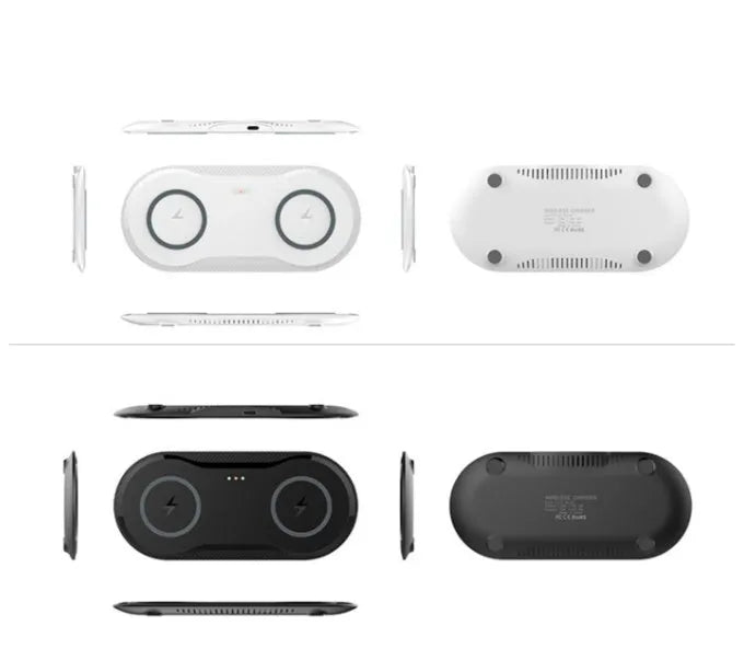 Black dual wireless charging pad showing two smartphones charging simultaneously on a desk.