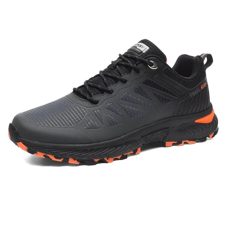 Men's black outdoor running shoes with breathable mesh surface and lace-up front