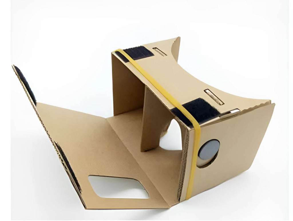 Cardboard VR glasses folded flat with 3D lens, rubber band, Velcro and magnet for 6-inch smartphones