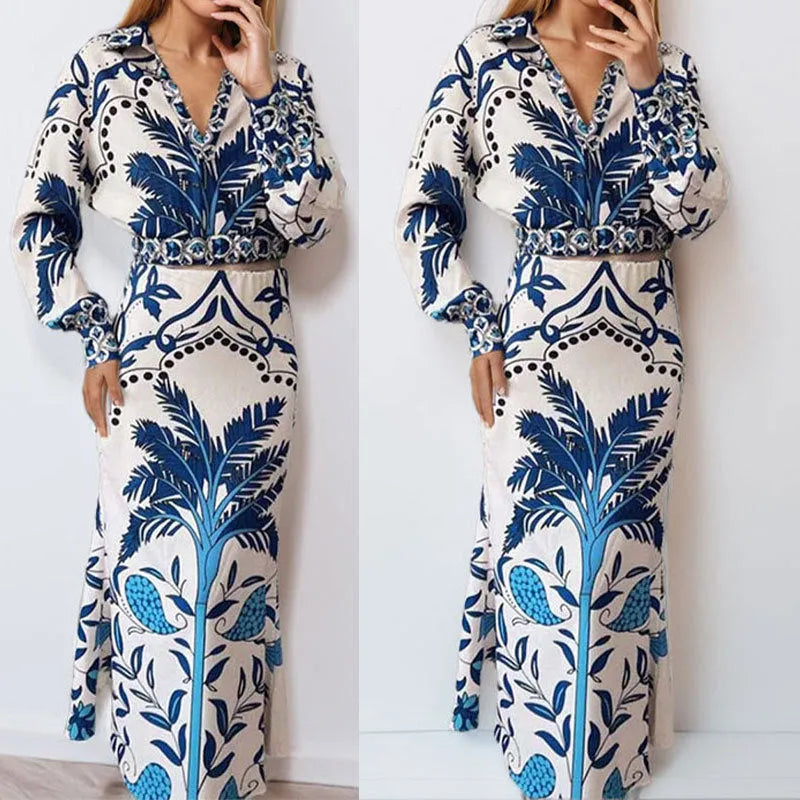 Women's early spring flower print casual two-piece set with long sleeves and long skirt