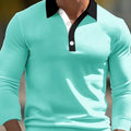 A man wearing a loose-fit long sleeve polo shirt with a button detail, available in various colours and sizes up to 6XL.