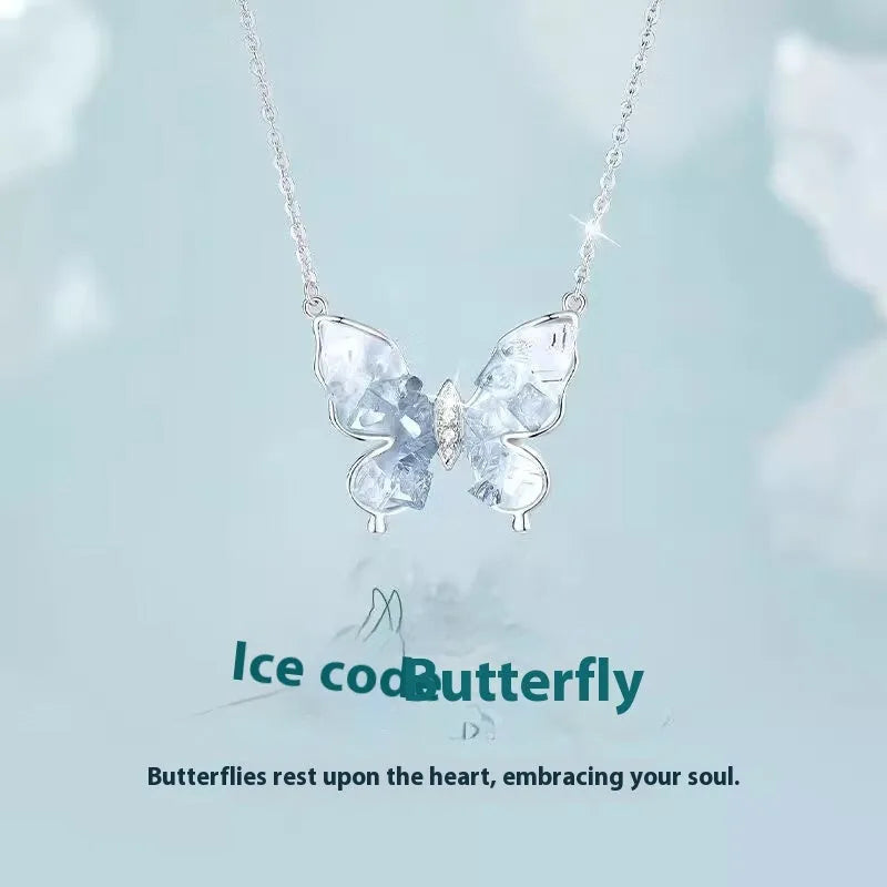 Bingyu Butterfly S925 sterling silver necklace with ice rain pendant on an adjustable O-ring chain.