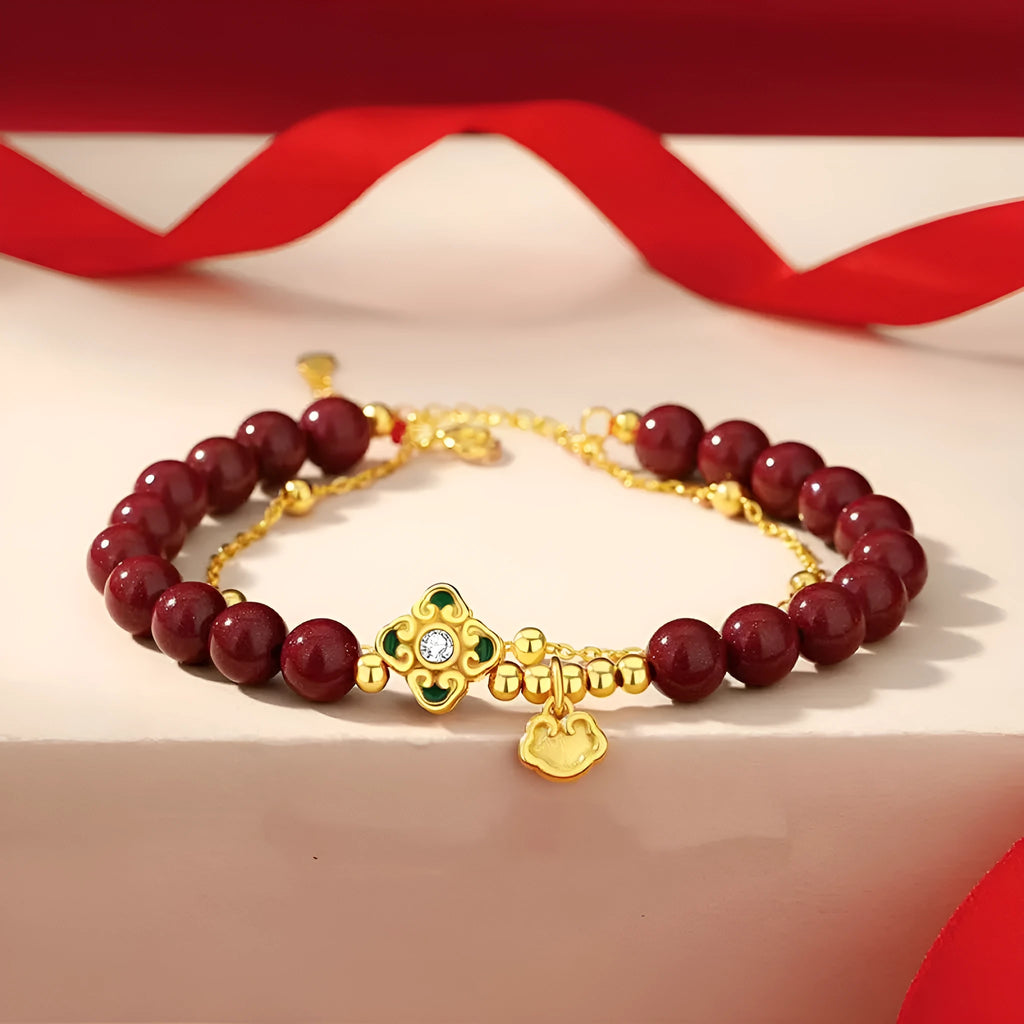 Women's sterling silver bracelet with Ruyi, Xiangyun and cinnabar flower traditional motifs