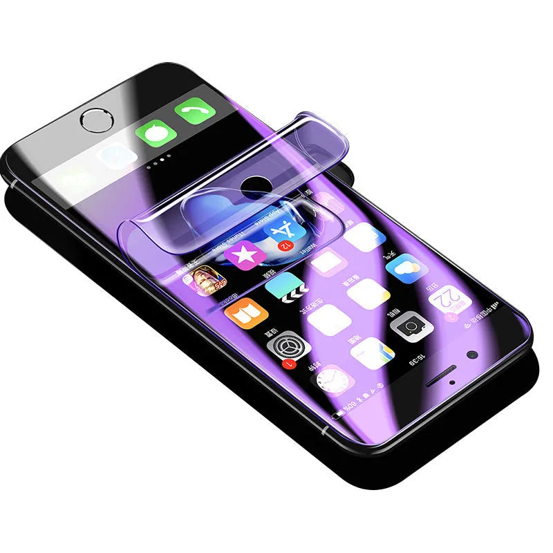 Purple light hydraulic hydrogel screen protector for curved Samsung Galaxy S8, S9, S10 phones.