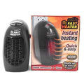 Black mini ceramic electric heater with digital display and rotating plug on a white background