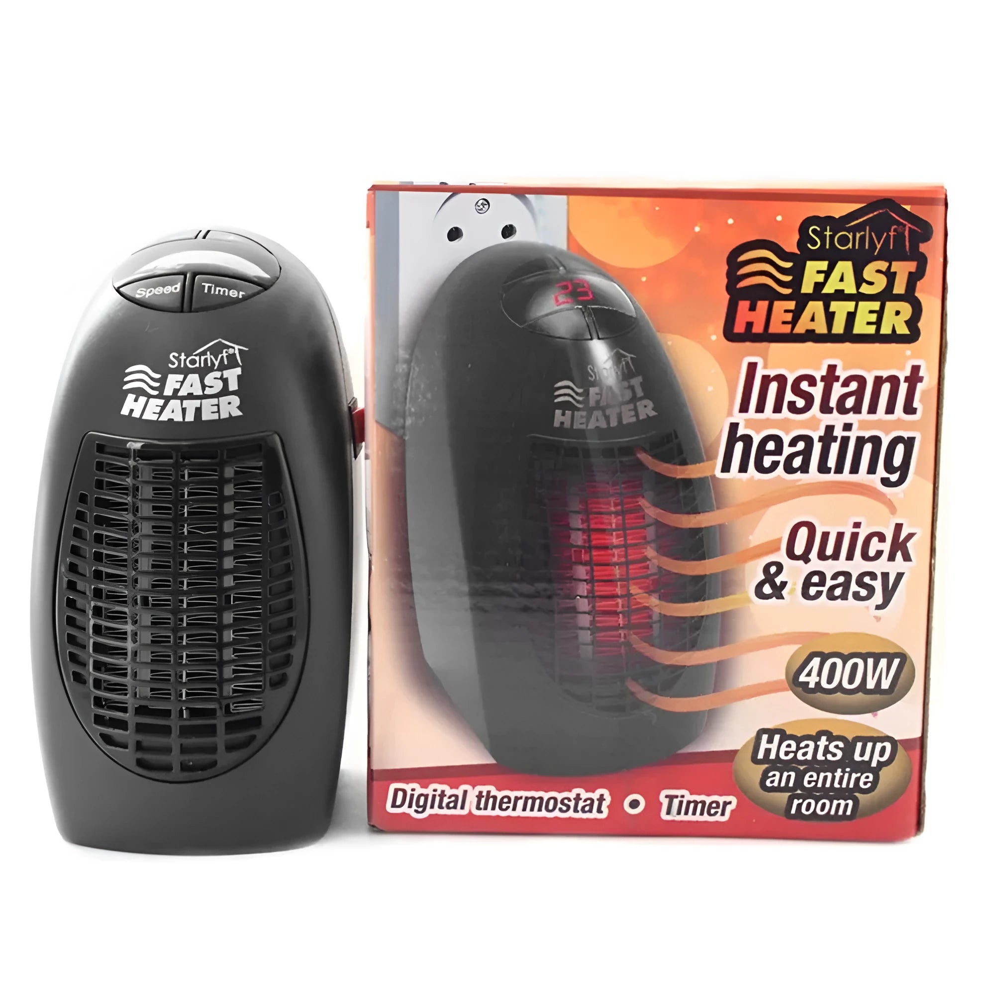 Black mini ceramic electric heater with digital display and rotating plug on a white background