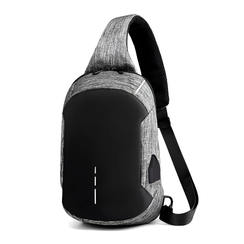 Dark blue Oxford cloth waterproof chest bag with zipper and adjustable strap, showing internal mobile phone pouch.
