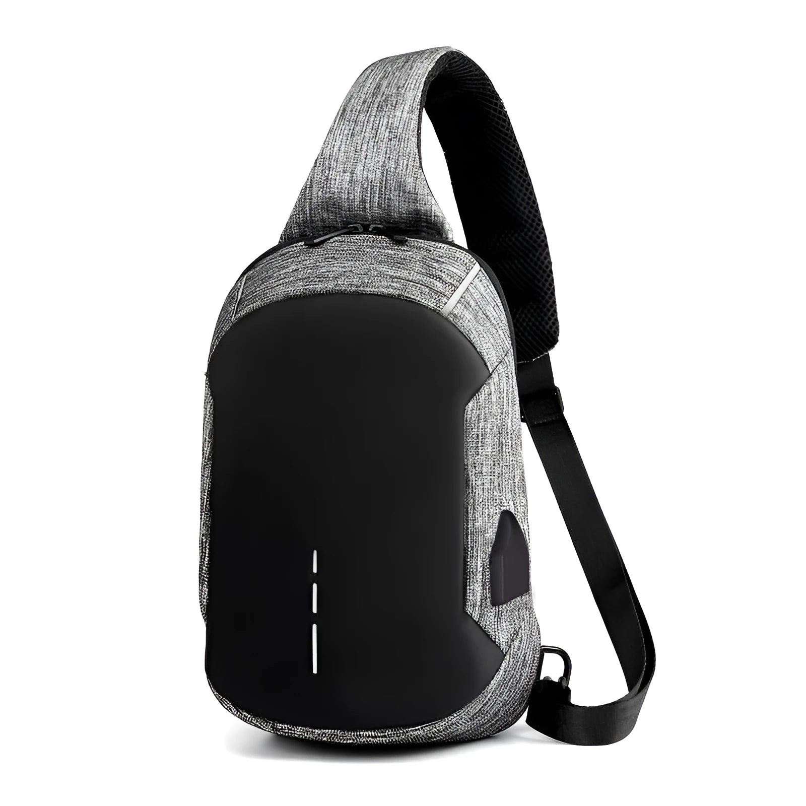 Dark blue Oxford cloth waterproof chest bag with zipper and adjustable strap, showing internal mobile phone pouch.