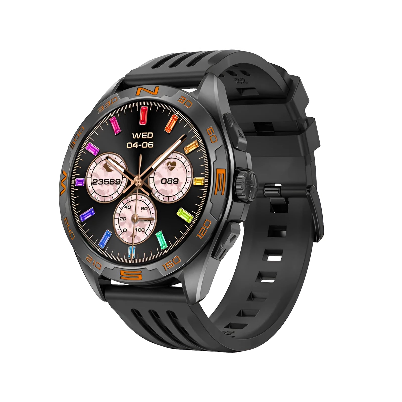 Men's smart watch displaying health stats on IPS screen, in black steel finish with metal strap.