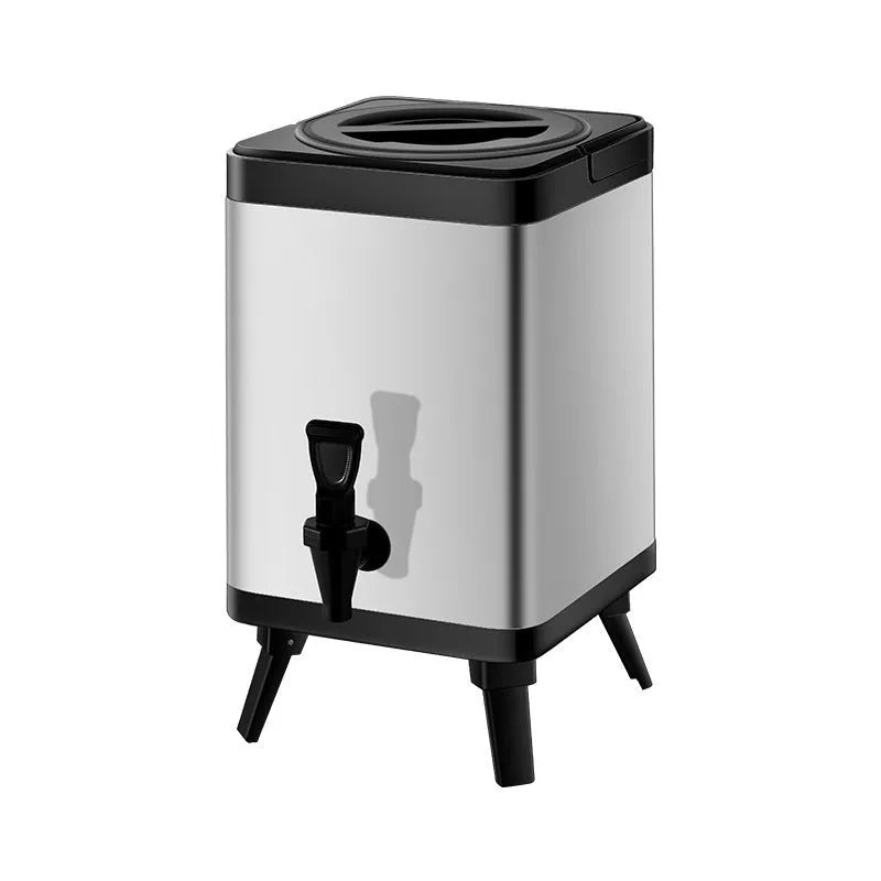 Silver stainless steel milk tea bucket with square lock closure showing 8 litre capacity for commercial beverage storage