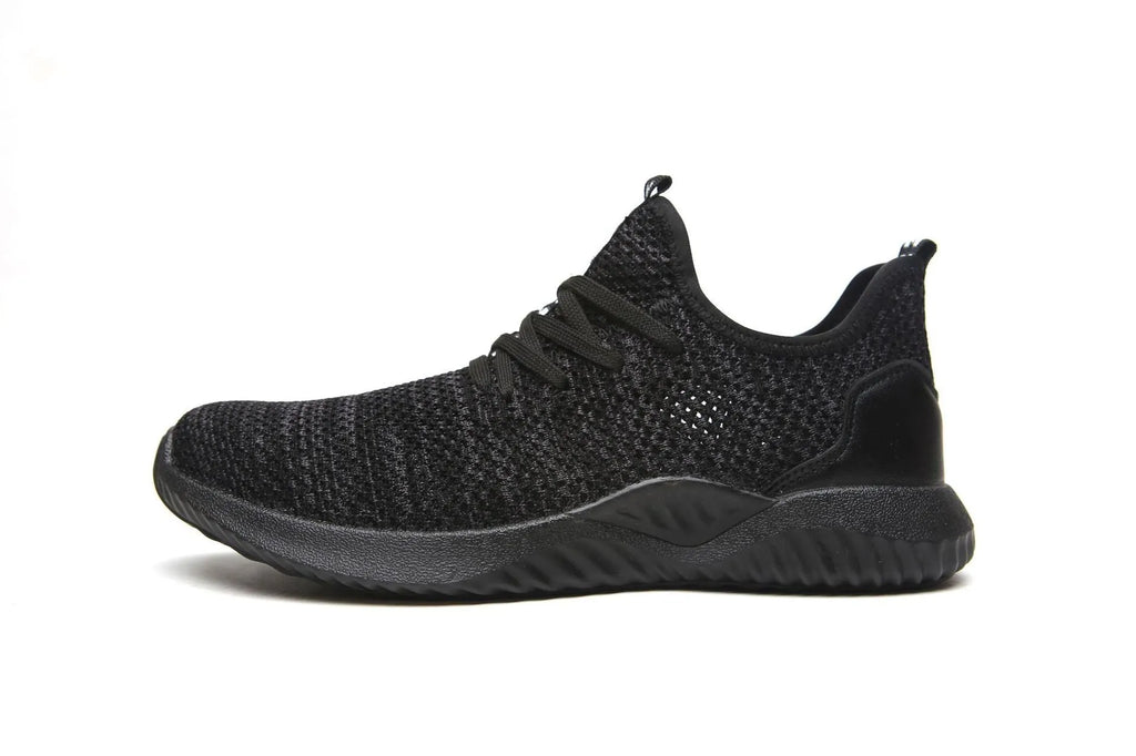Men's black safety work shoes with steel toe cap on a grey background