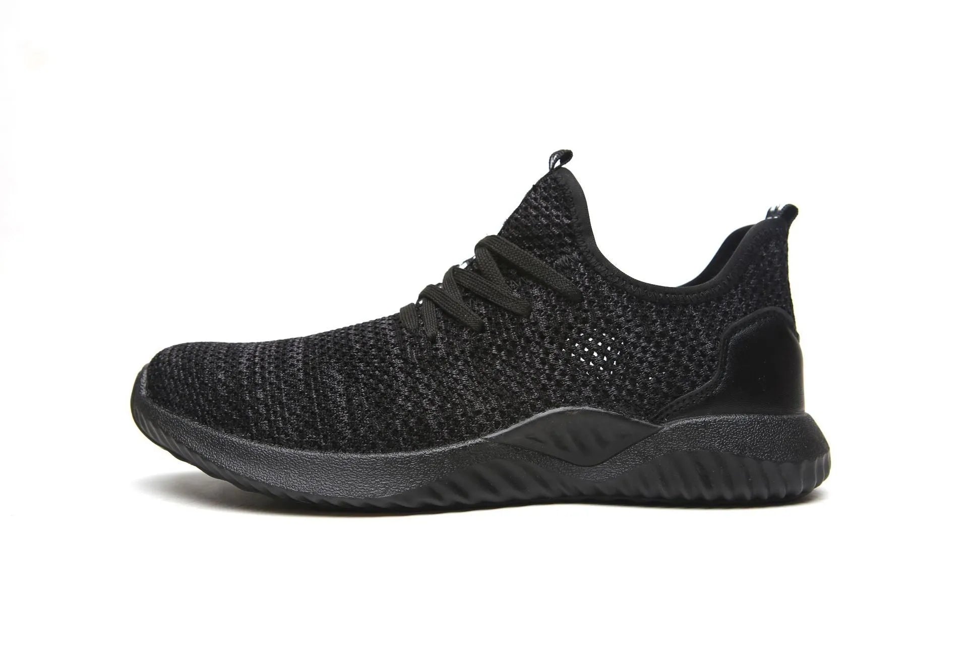 Men's black safety work shoes with steel toe cap on a grey background
