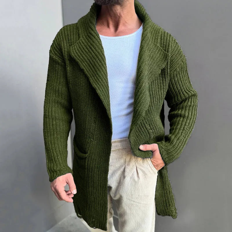 Long sleeve slim-fit mid-length knitted cardigan in army green with button front, on a model, front view