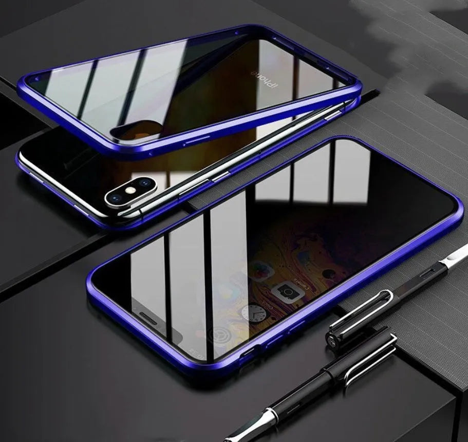 Tempered glass anti-spy phone case for iPhone with geometric pattern in black silver red gold green or blue
