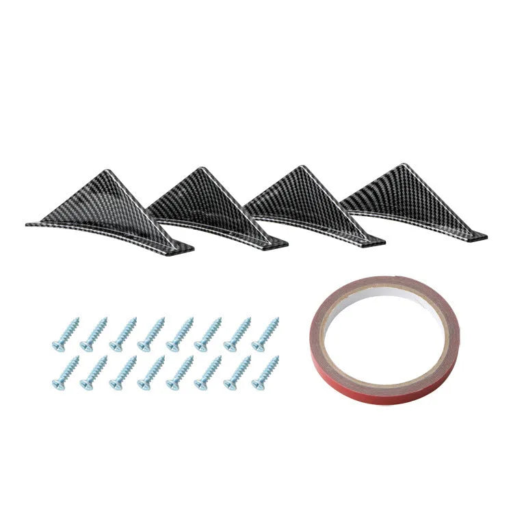 Set of four universal triangle rear spoilers for cars in bright black and carbon fibre finishes