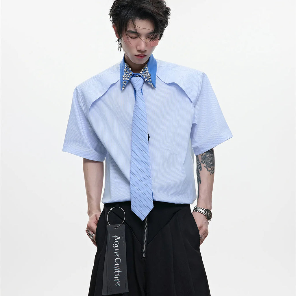 Men's blue and khaki diamond tie dual-colour patchwork striped loose fit shirt with flip collar
