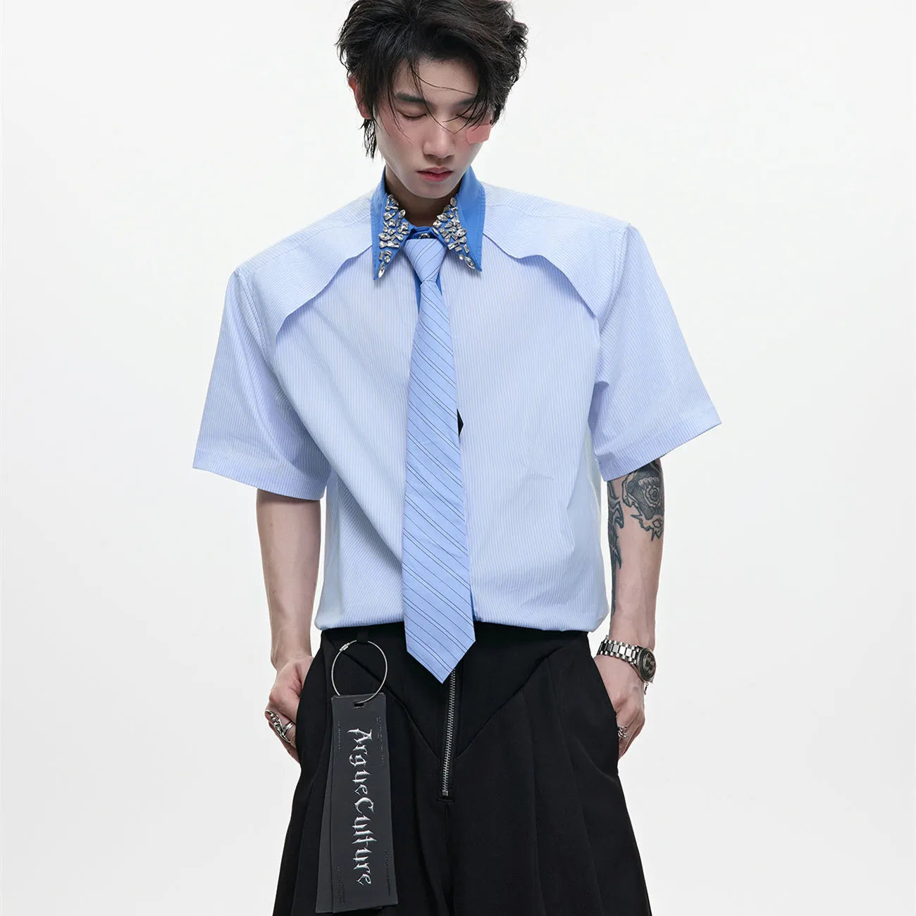 Men's blue and khaki diamond tie dual-colour patchwork striped loose fit shirt with flip collar